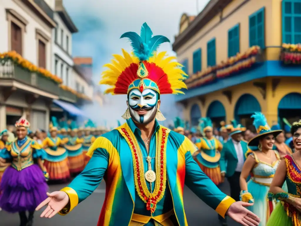 Disfruta de los mejores cortometrajes del Carnaval Uruguayo con esta colorida y dinámica pintura acuarela