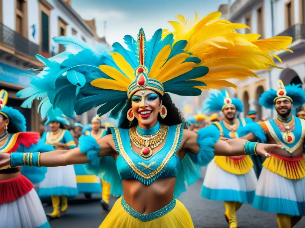 Disfruta de una de las mejores experiencias del Carnaval Uruguayo con esta ilustración vibrante de un desfile en Montevideo