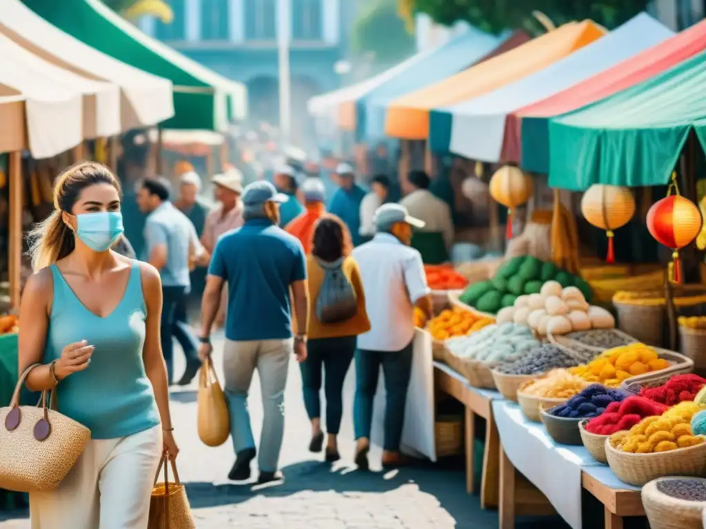 Un mercado artesanal bullicioso en Uruguay durante el Carnaval, con máscaras coloridas y textiles, reflejando las Artesanías del Carnaval Uruguayo