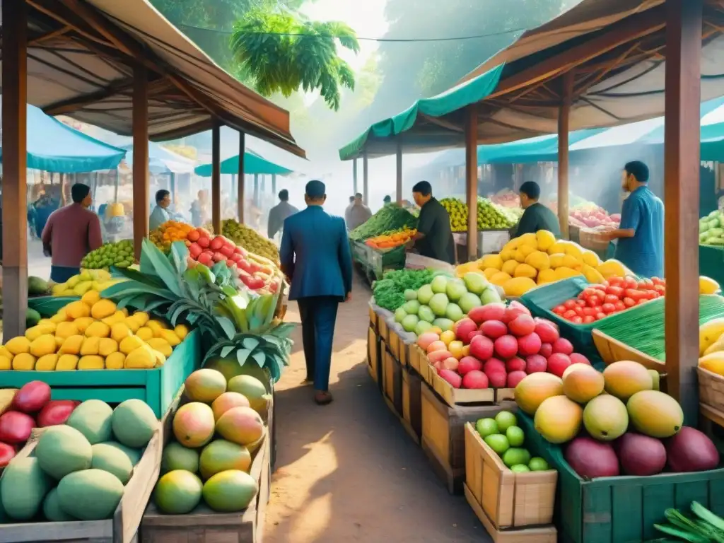 Un mercado bullicioso con frutas y verduras vibrantes