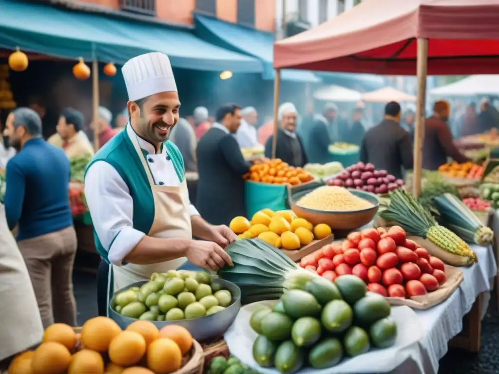 Un mercado callejero vibrante en Uruguay durante Carnaval, con recetas uruguayas saludables