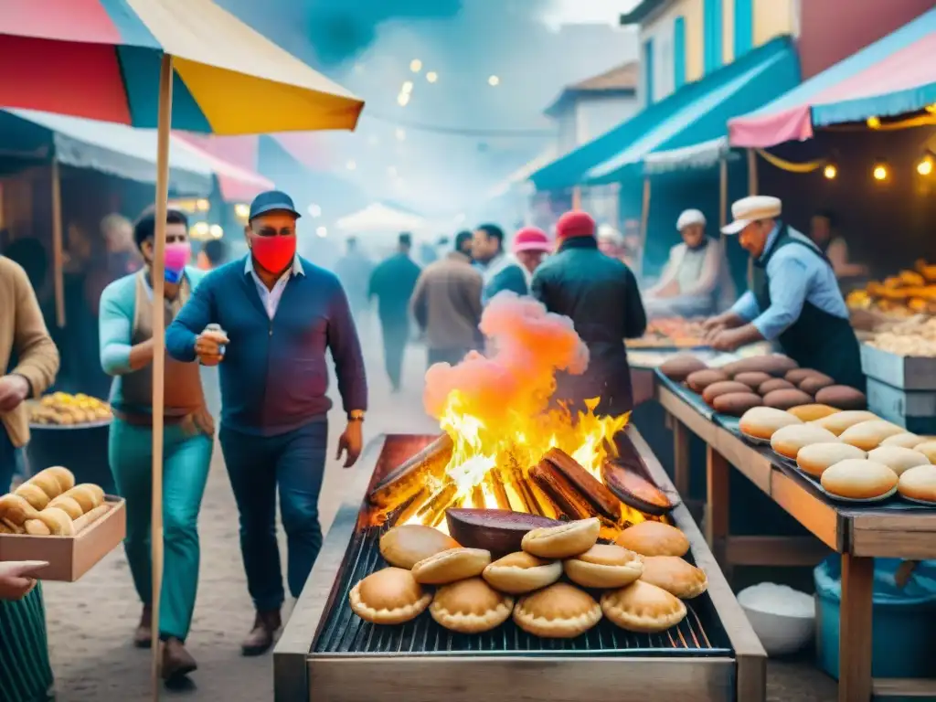 Un mercado gastronómico vibrante en Carnaval Uruguay: puestos coloridos, platos tradicionales y ambiente festivo