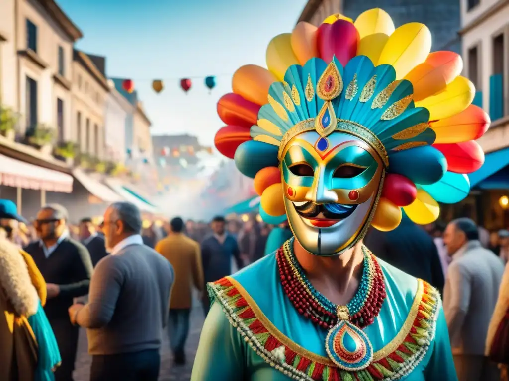 Un mercado vibrante en Uruguay durante el Carnaval, con disfraces coloridos y gente entusiasta