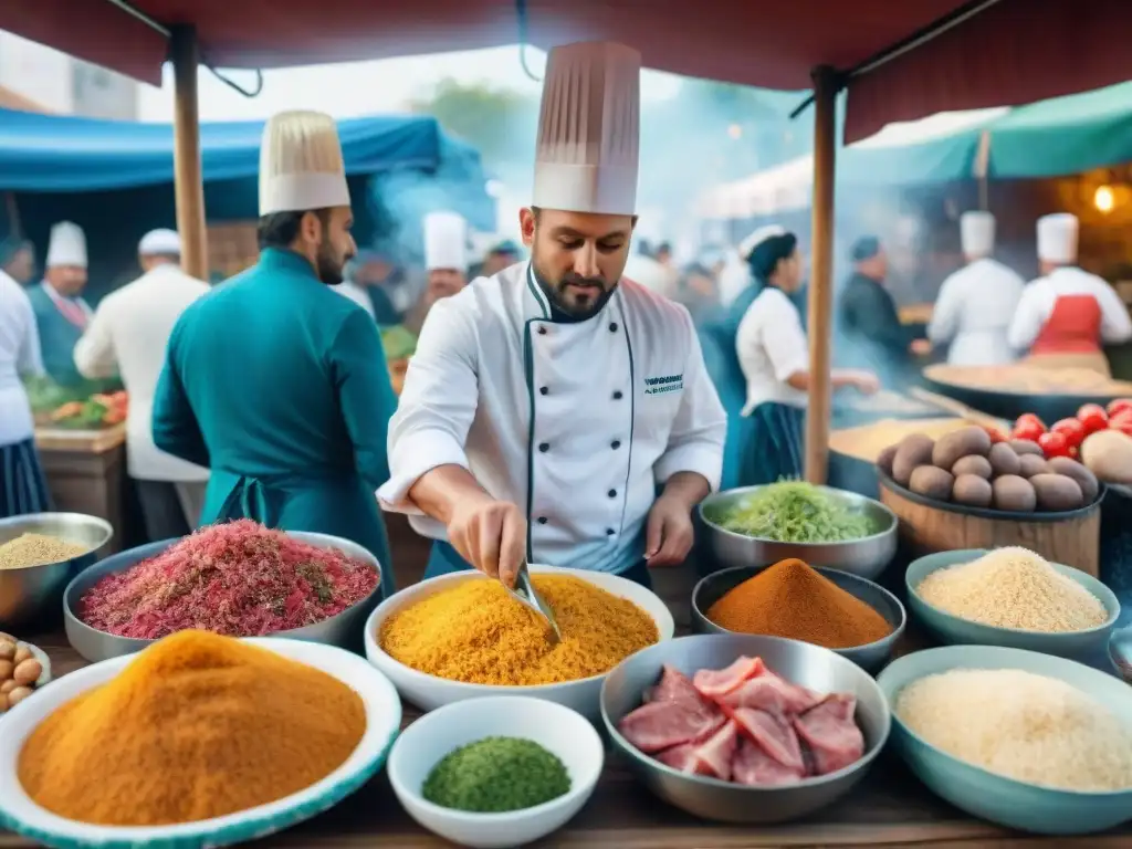 Un mercado vibrante donde chefs preparan Platos tradicionales del Carnaval Uruguayo, rodeados de ingredientes frescos y coloridos