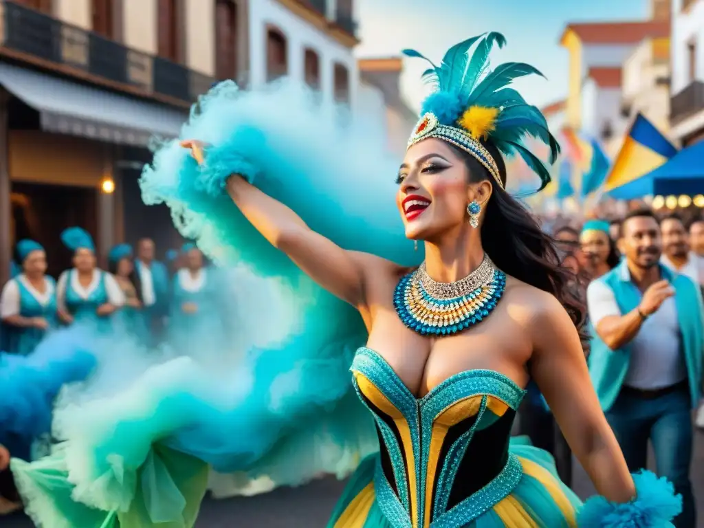 Merchandising oficial Carnaval Uruguayo: Pintura acuarela de escena vibrante con bailarines y público animado