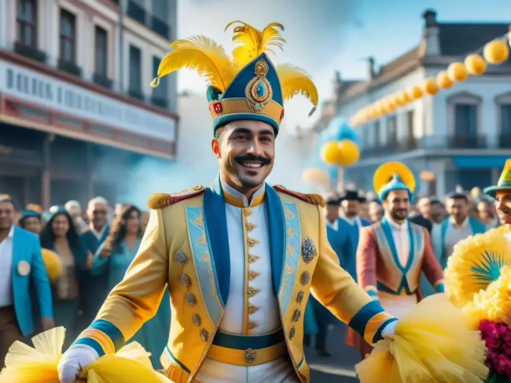 Merchandising oficial Carnaval Uruguayo: Desfile colorido con carroza adornada y bailarines en trajes tradicionales, alegría y colorido