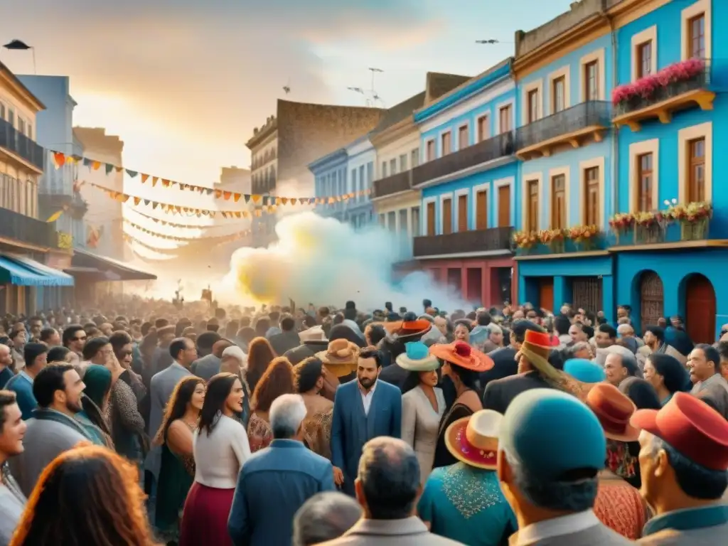 Merchandising oficial Carnaval Uruguayo: Desfile vibrante en las calles de Uruguay durante el Carnaval, con coloridos disfraces y carros alegóricos