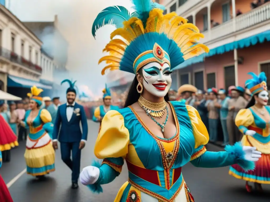 Merchandising oficial Carnaval Uruguayo: Detallado cuadro acuarela de un vibrante desfile de carnaval en Uruguay