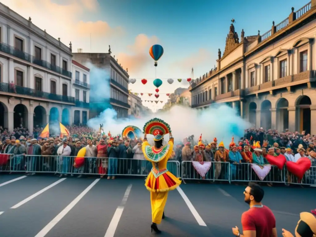 Merchandising oficial Carnaval Uruguayo: Una acuarela vibrante del desfile callejero con coloridos disfraces y música tradicional