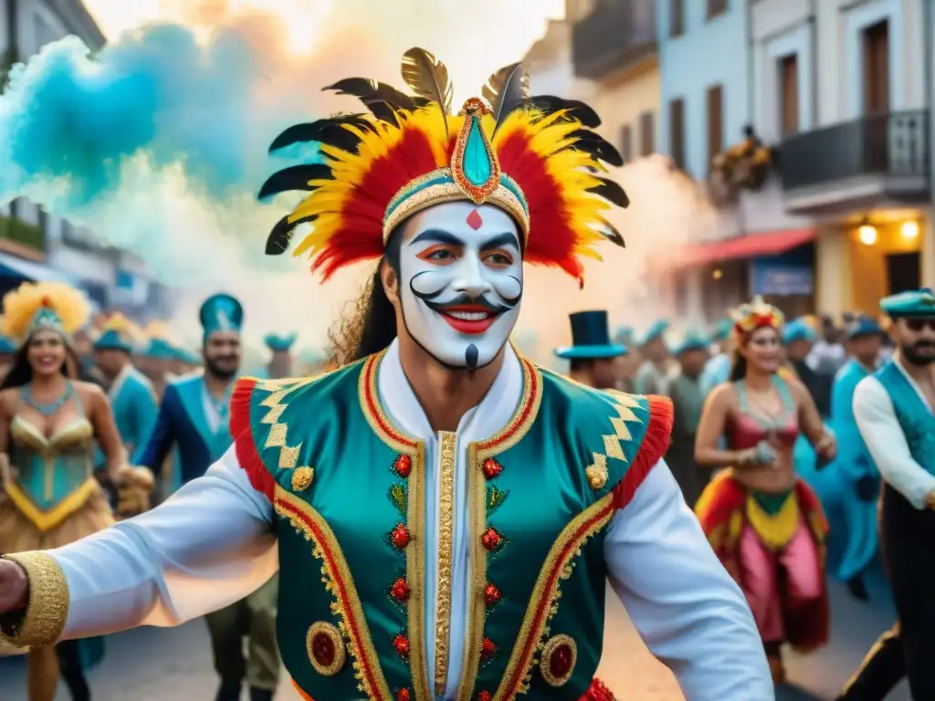 Merchandising oficial Carnaval Uruguayo: Detalle de un vibrante desfile de Carnaval en Uruguay con bailarines y carrozas coloridas