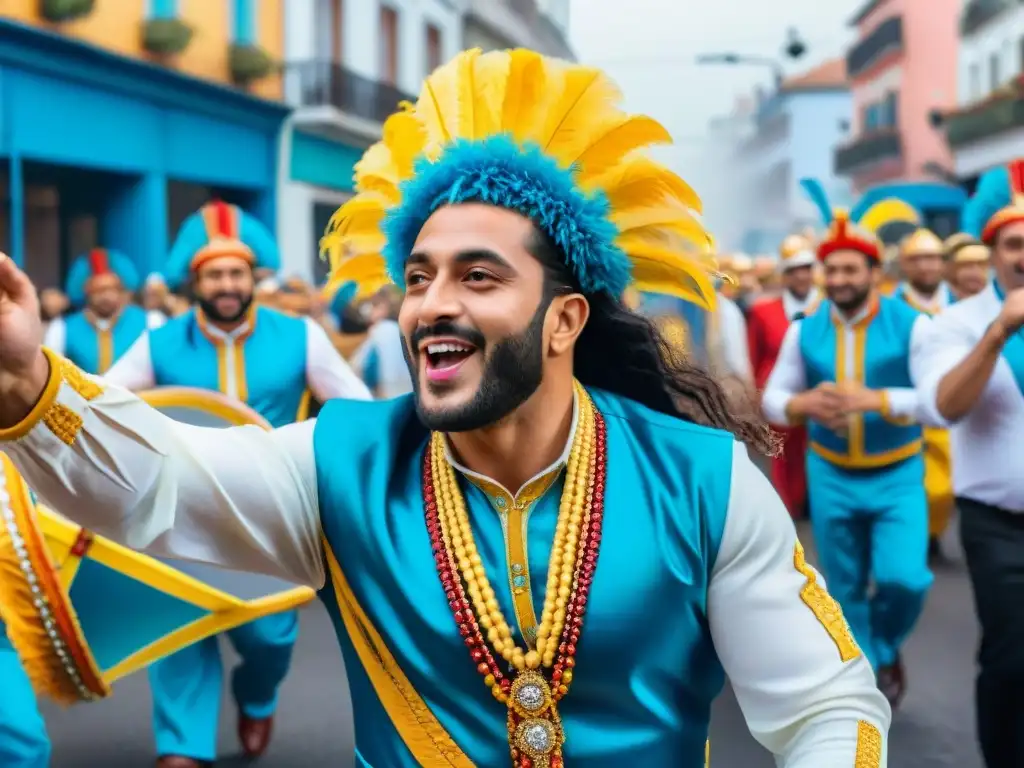 Merchandising oficial Carnaval Uruguayo: Desfile colorido con personajes tradicionales, músicos y espectadores animados