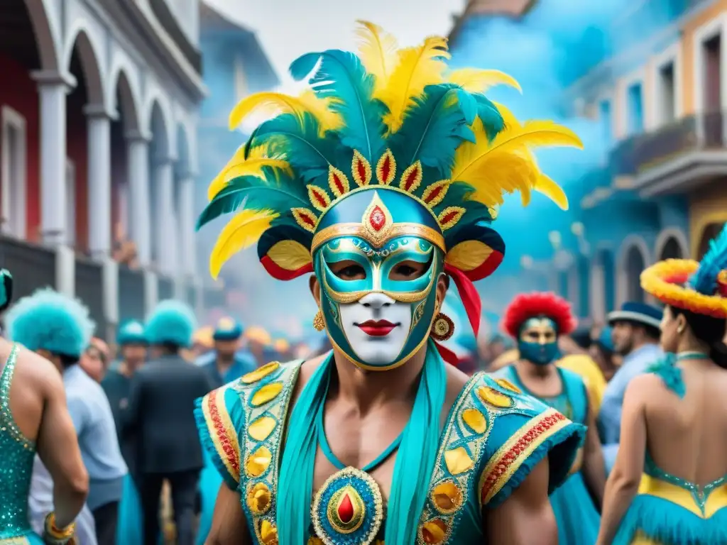 Merchandising oficial Carnaval Uruguayo 2023: Pintura acuarela detallada de desfile colorido en Uruguay