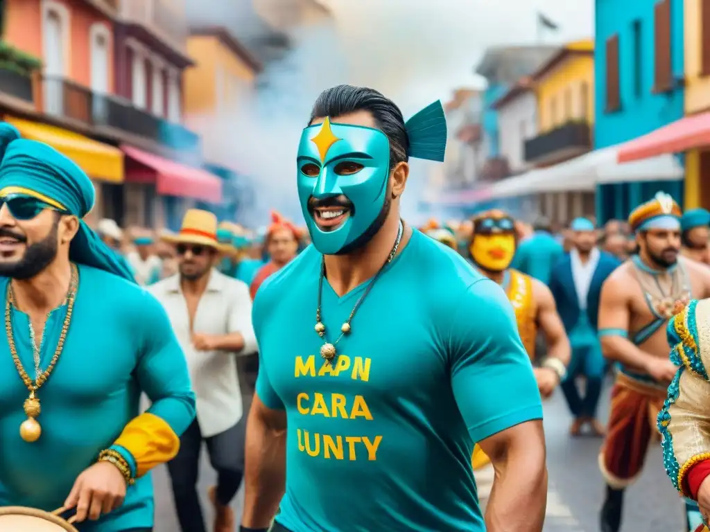 Merchandising oficial Carnaval Uruguayo: Calle llena de coloridos disfraces, música alegre y bailarines felices durante el desfile festivo