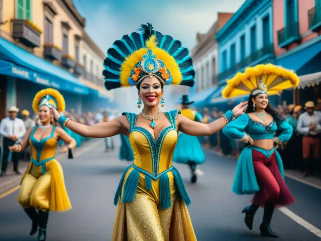 Merchandising oficial Carnaval Uruguayo: Pintura acuarela detallada de escena vibrante y bulliciosa durante el Carnaval en Uruguay