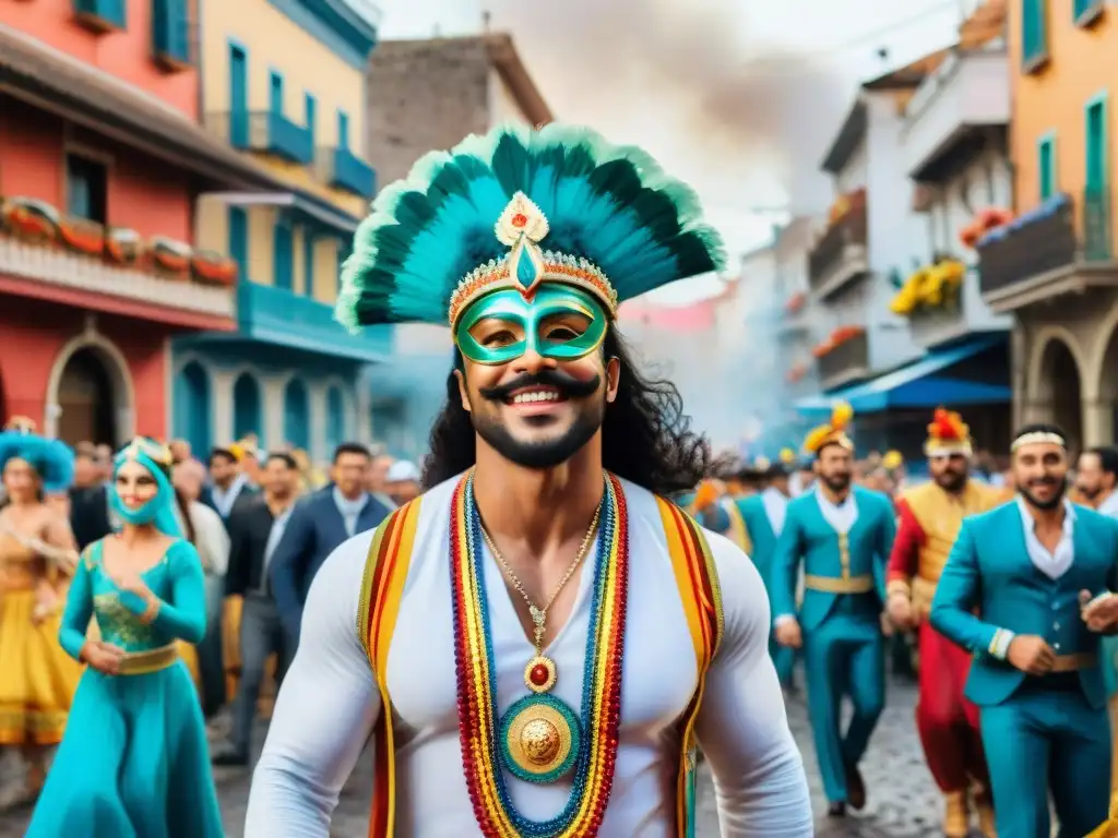 Merchandising oficial Carnaval Uruguayo: Ilustración acuarela vibrante de la festividad con trajes coloridos y mascaradas en una calle bulliciosa