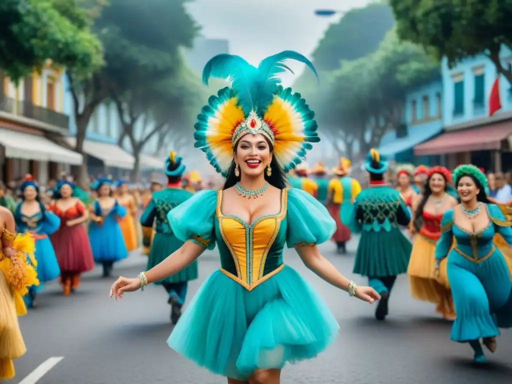 Merchandising oficial Carnaval Uruguayo: Escena vibrante de Carnaval con colores, música y baile en Uruguay