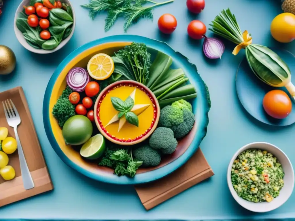 Una mesa festiva del Carnaval Uruguayo con una Ensalada Rusa colorida y vibrante