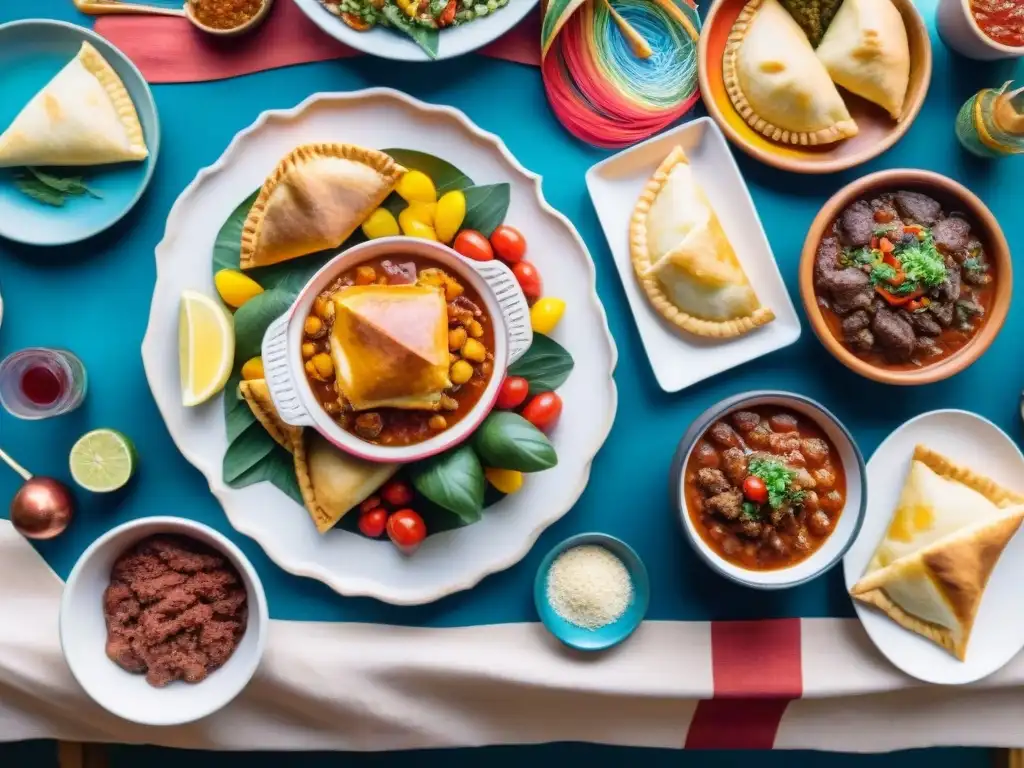 Una mesa festiva con platos tradicionales del Carnaval Uruguayo rodeada de decoraciones coloridas