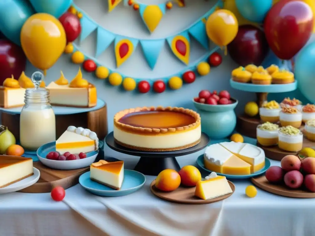 Una mesa de postres uruguayos con queso y dulce y decoraciones de carnaval, reflejando la comida de Carnaval Uruguayo