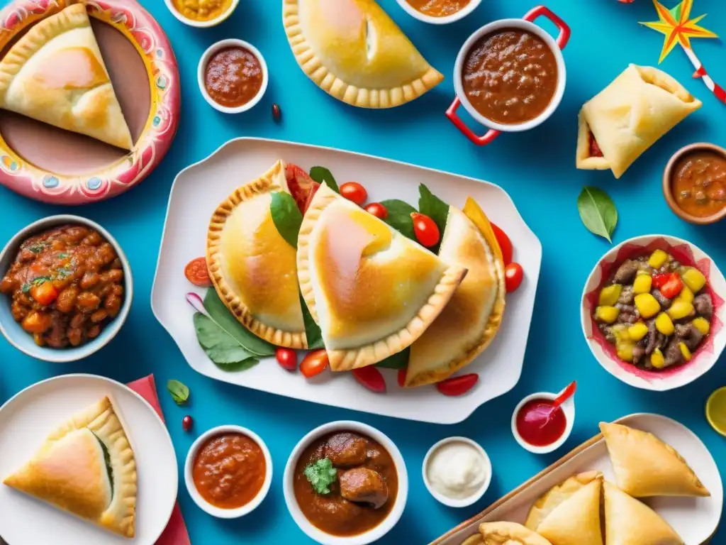 Una mesa rebosante de Platos tradicionales del Carnaval Uruguayo rodeada de coloridos carnavales y desfiles festivos