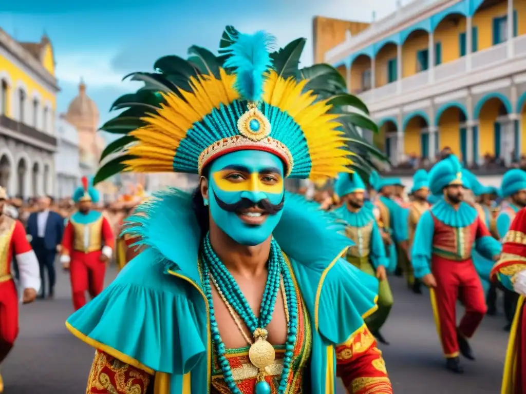 Inclusión de minorías étnicas en el Carnaval Uruguayo: desfile colorido y festivo con bailes tradicionales y edificios coloniales de fondo