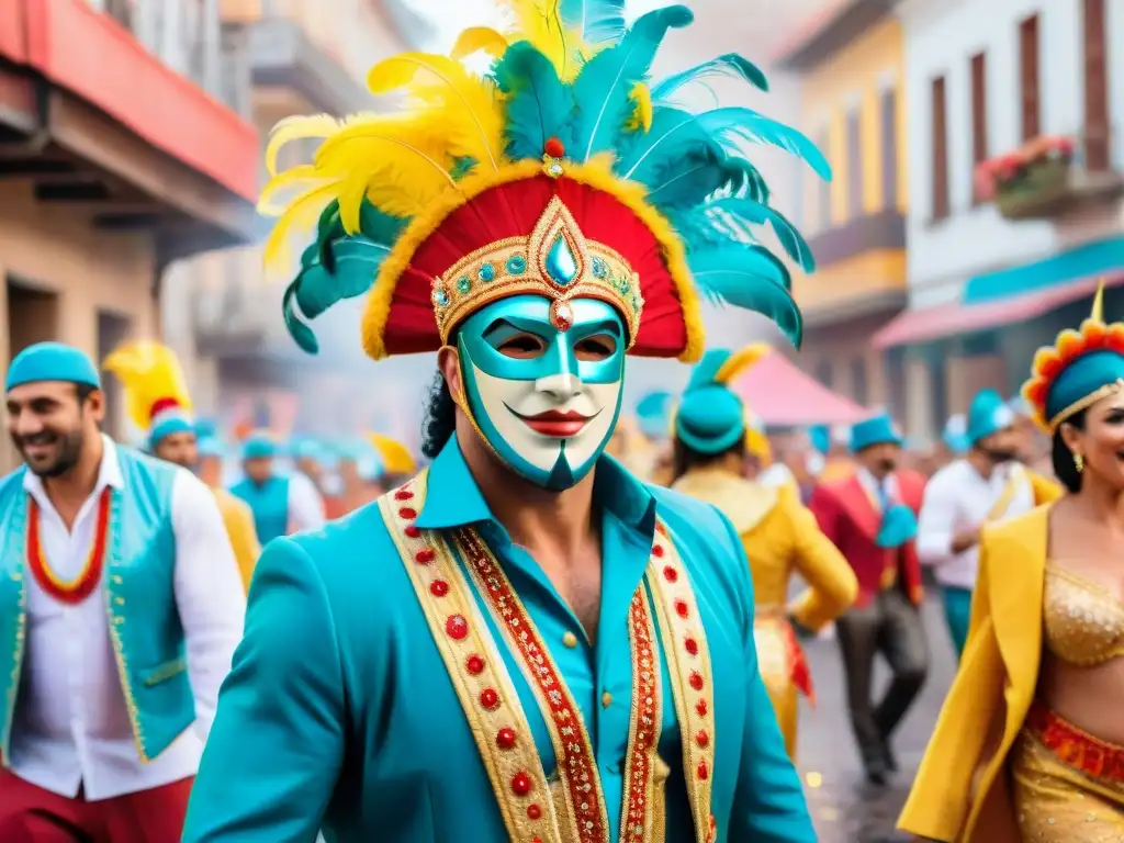 Una procesión mística del Carnaval Uruguayo, con coloridos disfraces y máscaras, confeti flotando en el aire y secretos del Carnaval Uruguayo