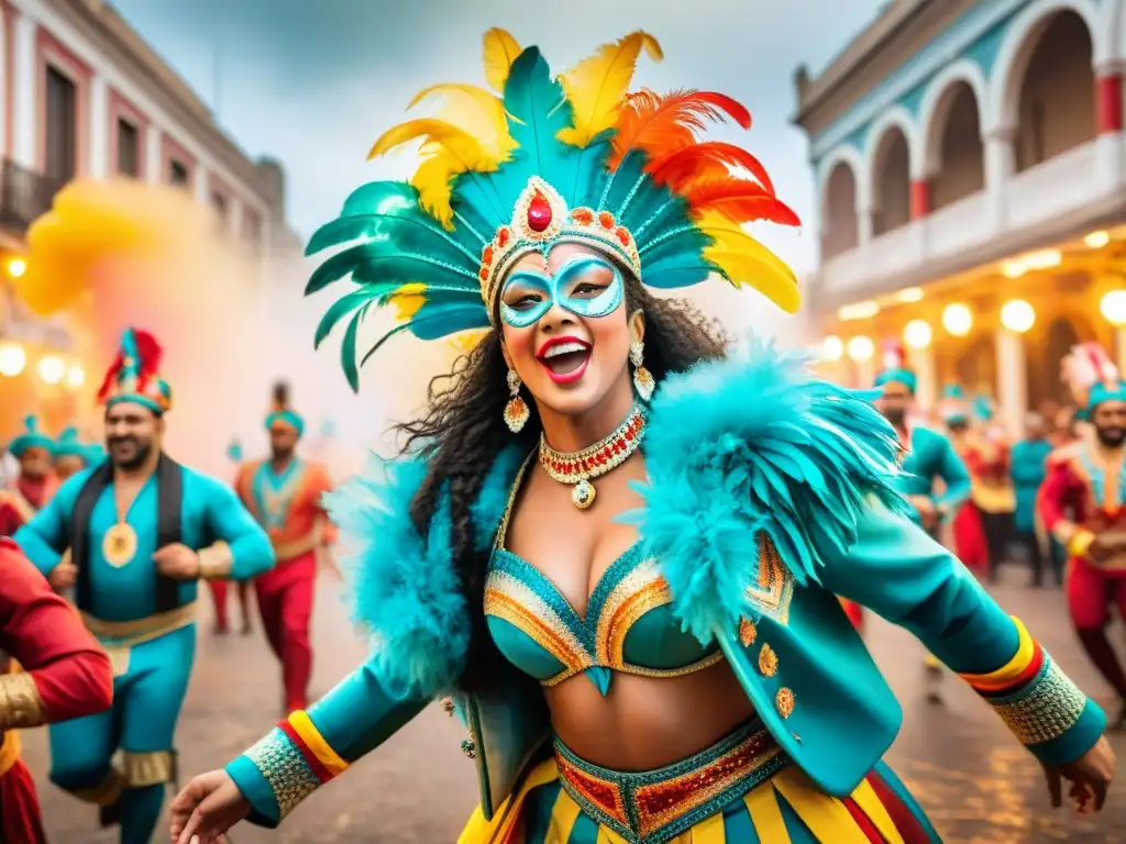 Captura momentos mágicos del Carnaval en Uruguay: desfile vibrante con bailarines, arquitectura tradicional y alegría en cada pincelada