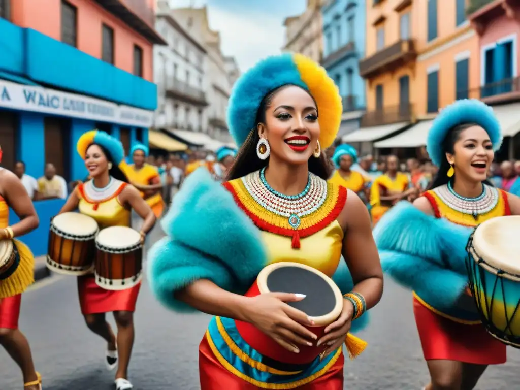 Mujeres en el Candombe Uruguayo: Grupo diverso de mujeres tocando tambores Candombe con alegría en desfile callejero vibrante en Montevideo