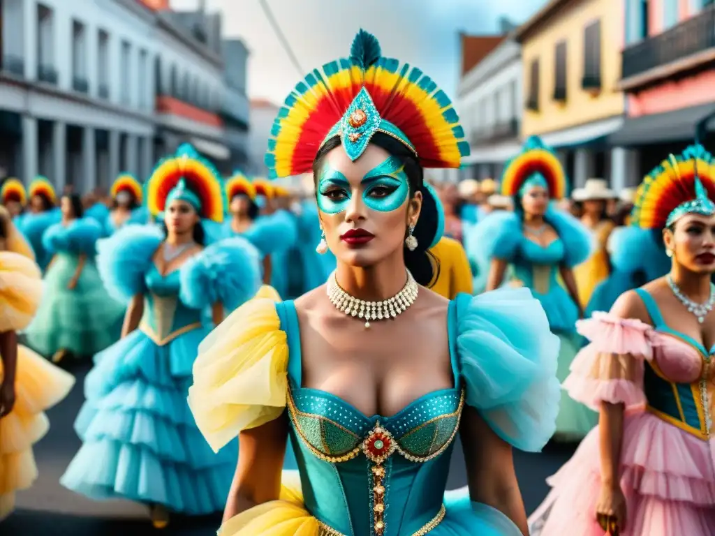 Mujeres en el Carnaval Uruguayo: Desfile vibrante con trajes elaborados, mostrando diversidad y fuerza femenina en la festividad