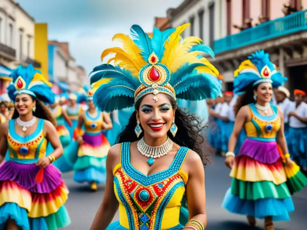 Mujeres en el Carnaval Uruguayo: Desfile vibrante y festivo con trajes tradicionales coloridos y mucha alegría