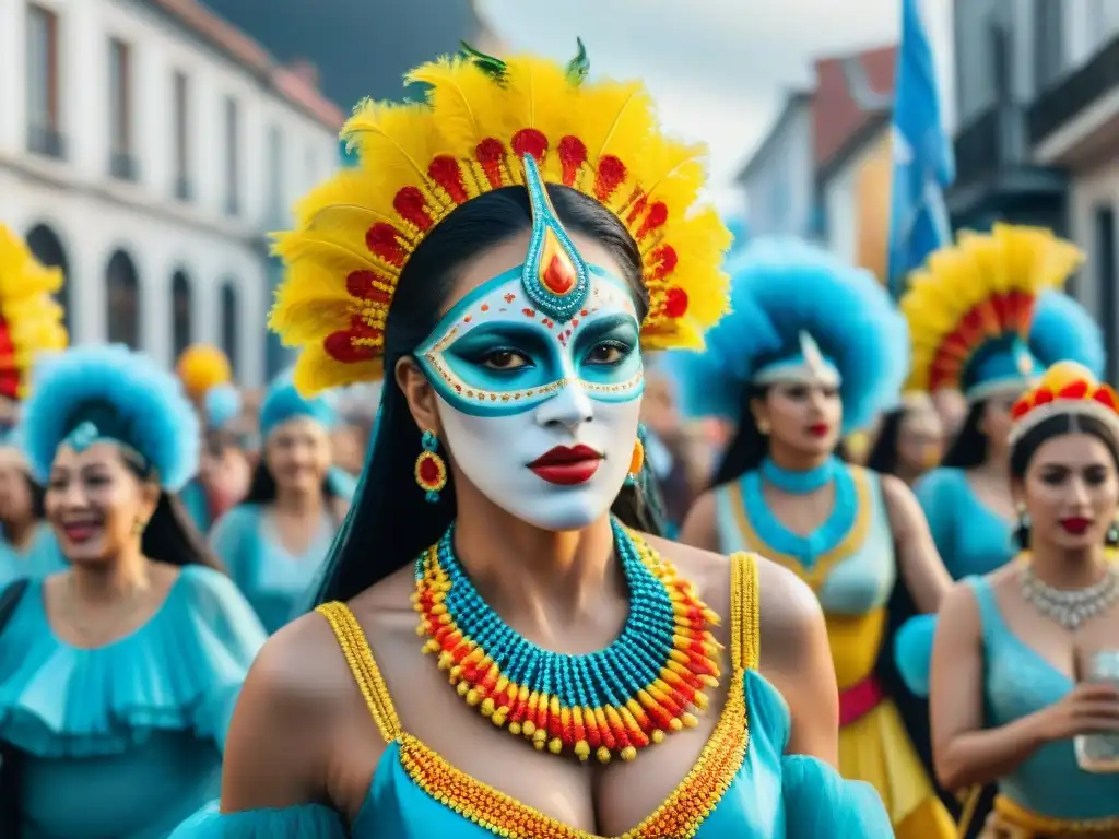 Mujeres en el Carnaval Uruguayo: Detalle de desfile vibrante con trajes coloridos y festividad en las calles