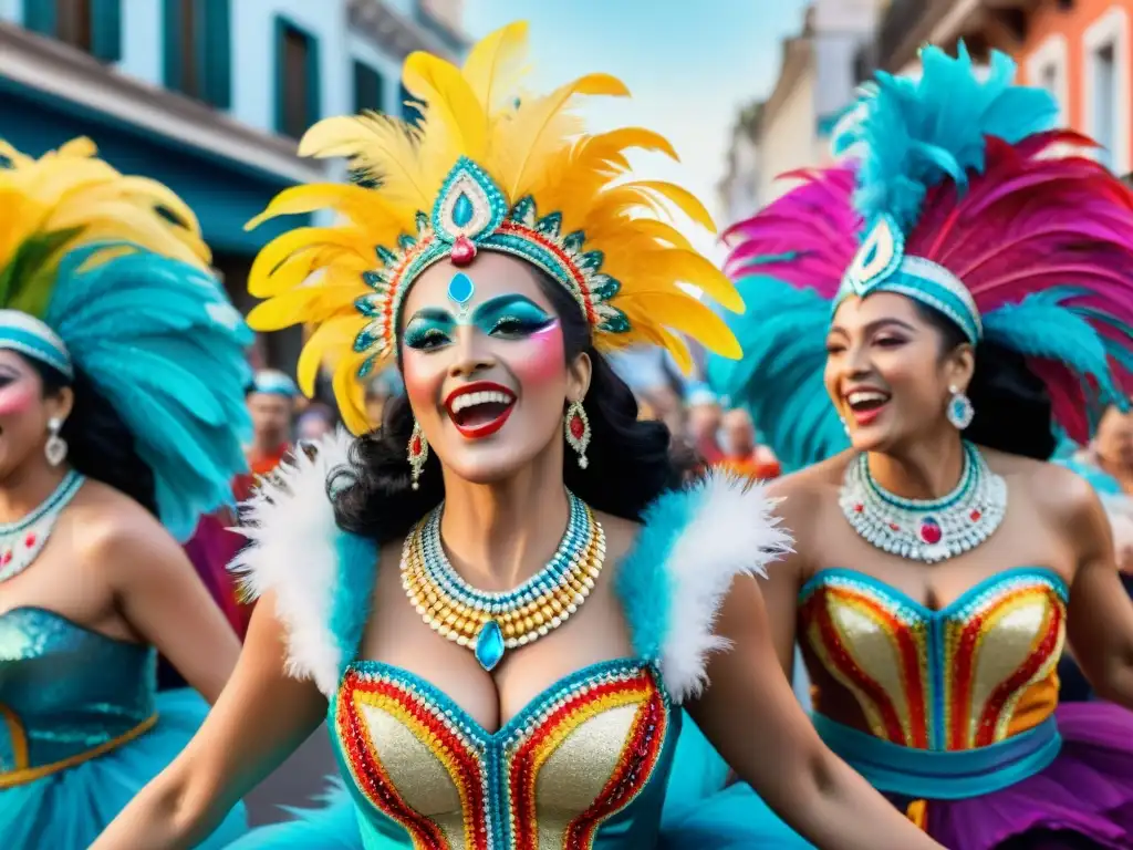 Mujeres en comparsas uruguayas lucen trajes festivos en vibrante ilustración acuarela, en desfile alegre