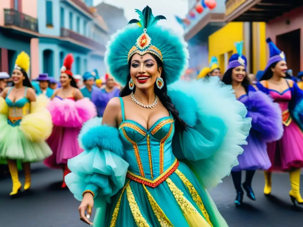 Mujeres en comparsas uruguayas danzando alegremente en vibrante desfile de Carnaval