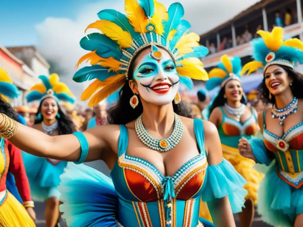 Mujeres empoderadas danzando en el Carnaval Uruguayo con trajes coloridos y expresiones alegres