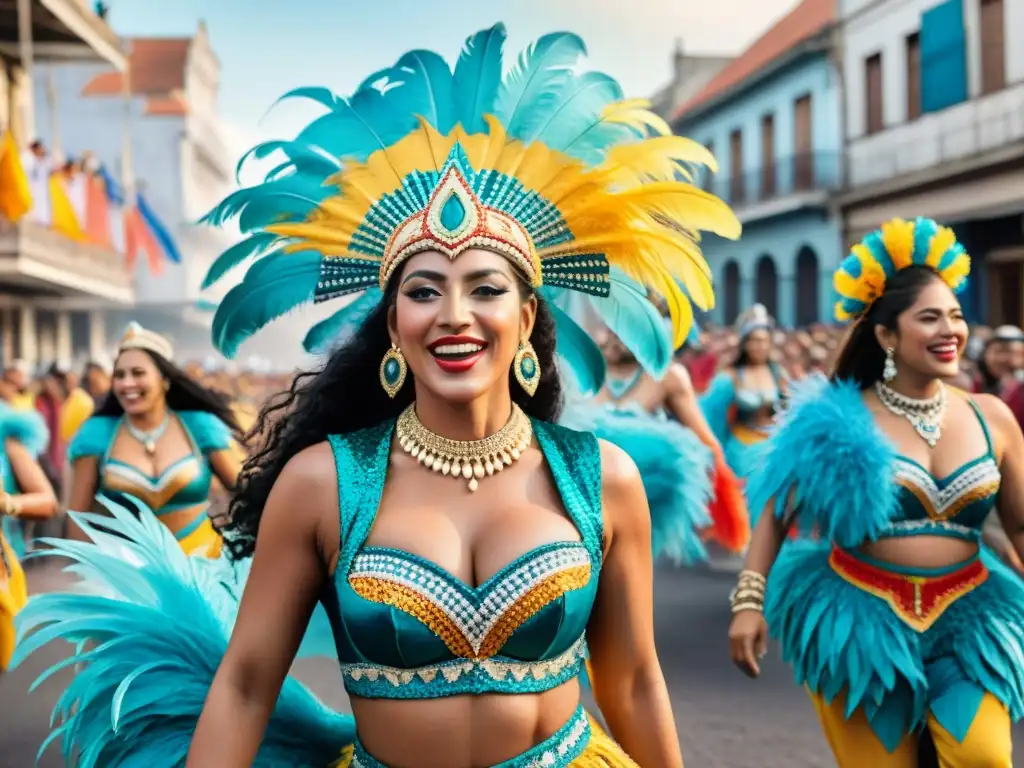 Mujeres empoderadas danzando en el vibrante Carnaval Uruguayo, reflejando la participación femenina