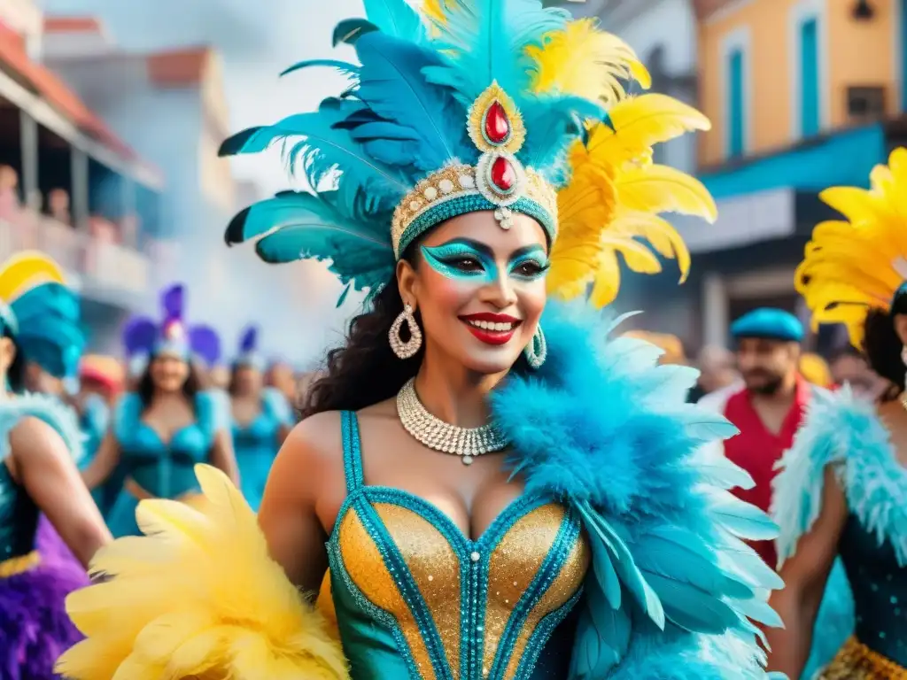 Mujeres líderes en Carnaval Uruguayo: Grupo diverso bailando con alegría en colorido desfile de Carnaval