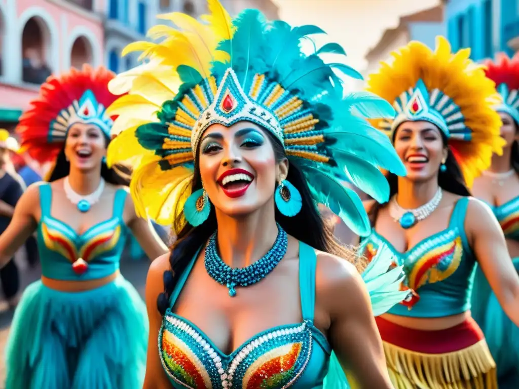 Mujeres en trajes de Carnaval Uruguayo danzan alegremente en las calles, destacando la participación femenina