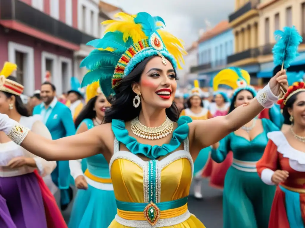 Mujeres en trajes de Carnaval Uruguayo bailando con empoderamiento en una calle festiva llena de espectadores