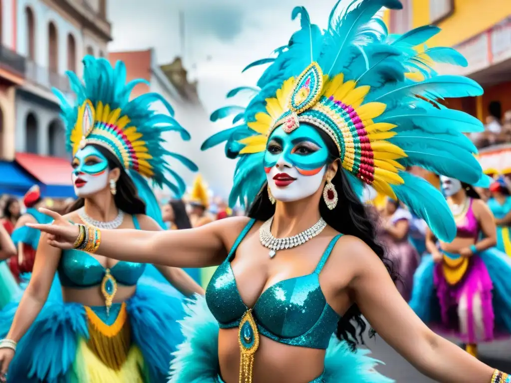 Mujeres en trajes tradicionales bailando en Carnaval Uruguayo, celebrando la participación femenina