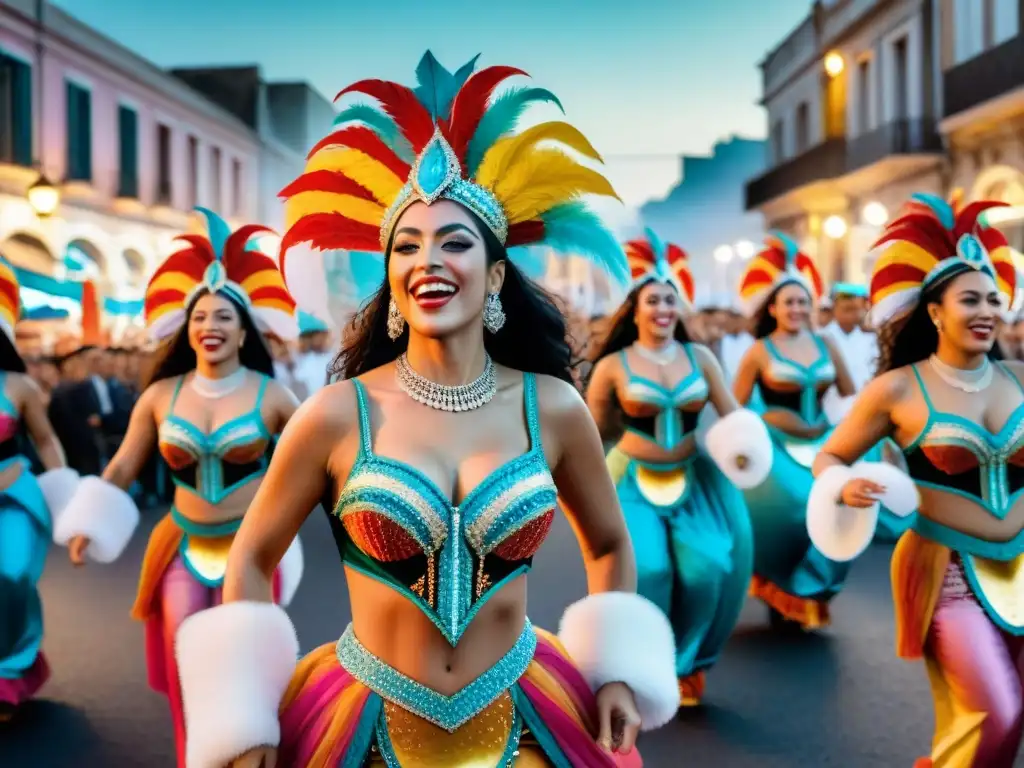 Mujeres en vibrante Carnaval Uruguayo, danzando con fuerza y alegría