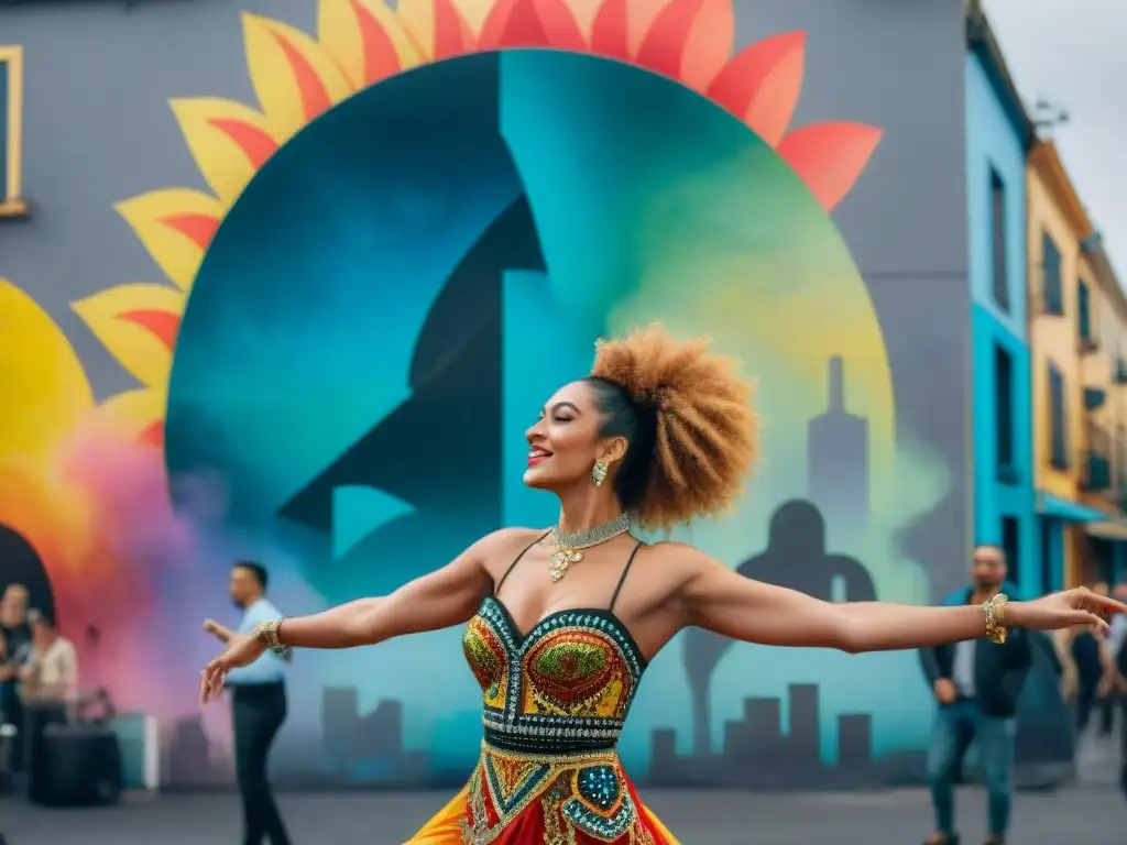 Un mural vibrante de un personaje gigante bailando alegremente en el Carnaval de Montevideo, destacándose en la bulliciosa escena callejera