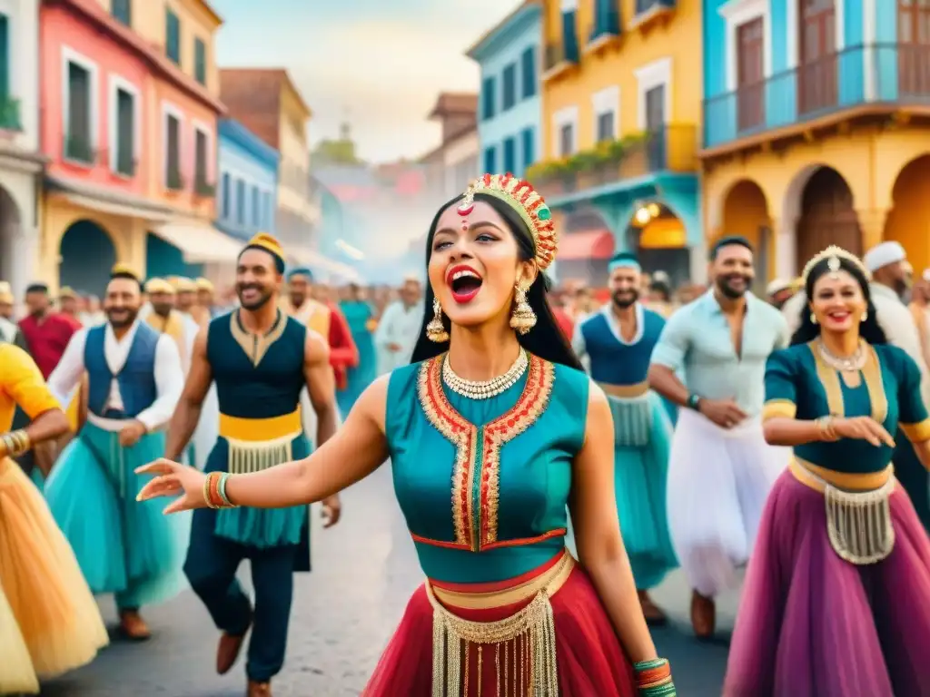 Una murga vibrante en la calle: artistas en trajes coloridos cantan y bailan