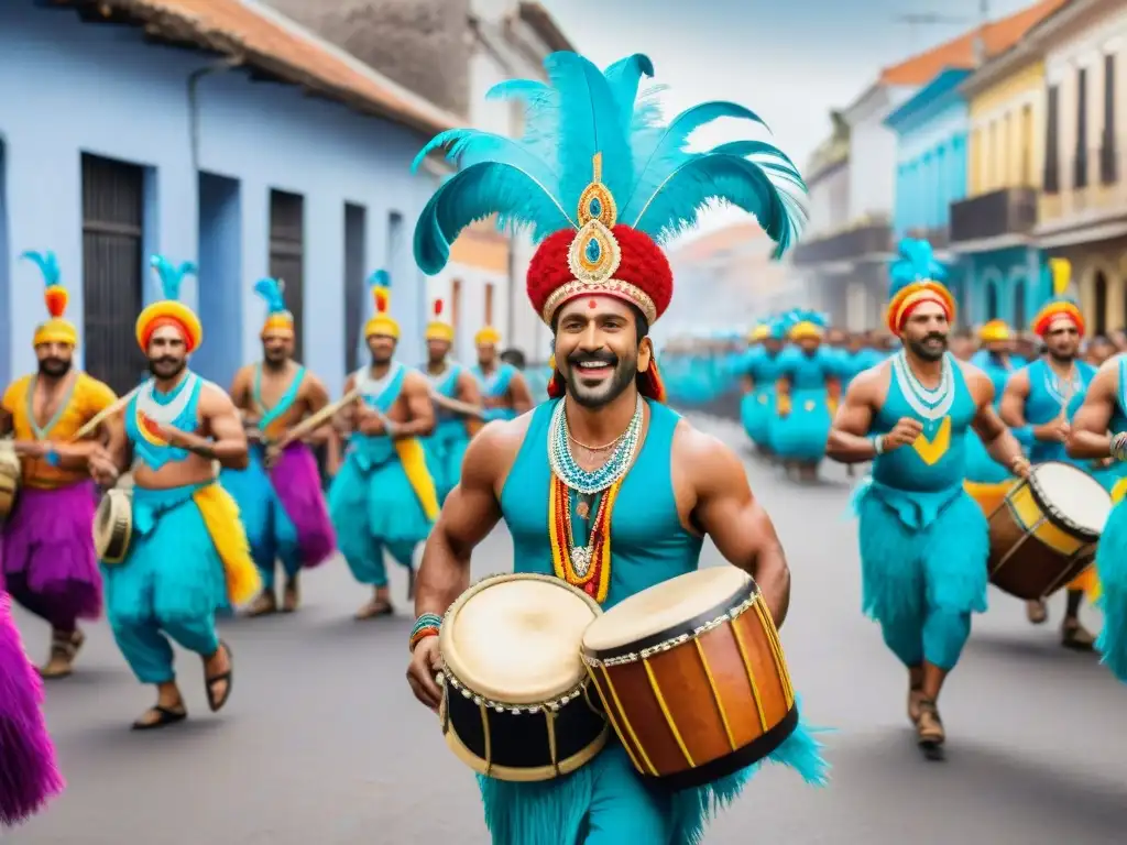 Una murga vibrante en Uruguay con instrumentos tradicionales y coloridos trajes