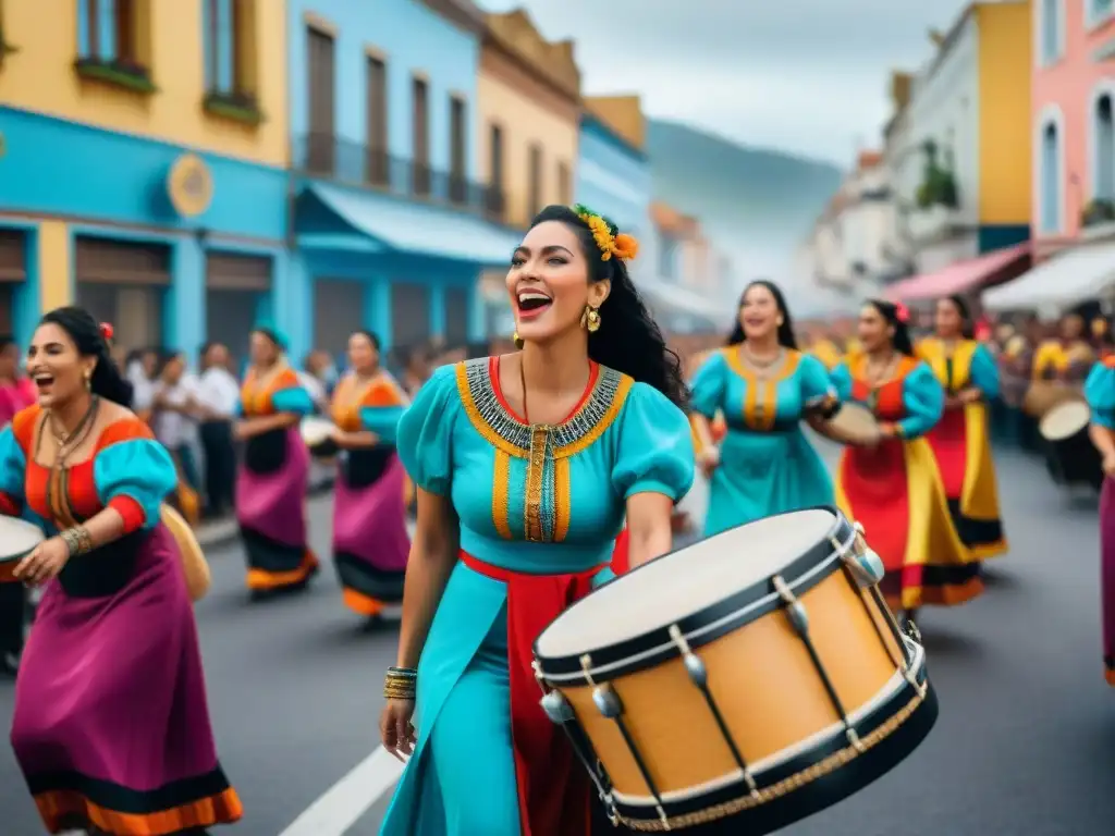 Murgas femeninas en Uruguay: Mujeres en trajes tradicionales coloridos, tocando tambores y cantando con pasión en un desfile de carnaval