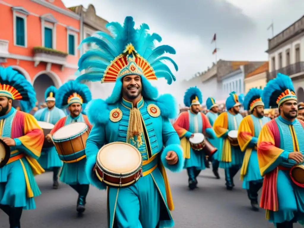 Músicos del Carnaval de Uruguay con protección auditiva en vibrante desfile callejero