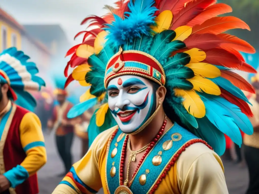 Músicos del carnaval uruguayo con trajes coloridos y expresiones alegres