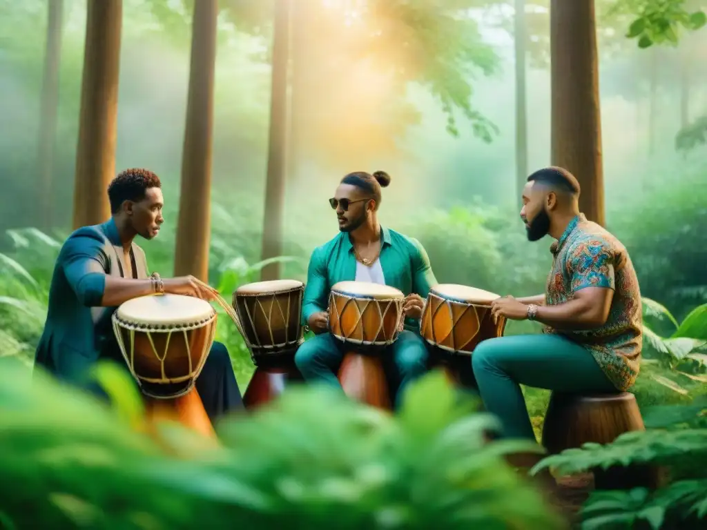 Músicos concentrados tocando tambores en el bosque, rodeados de naturaleza vibrante