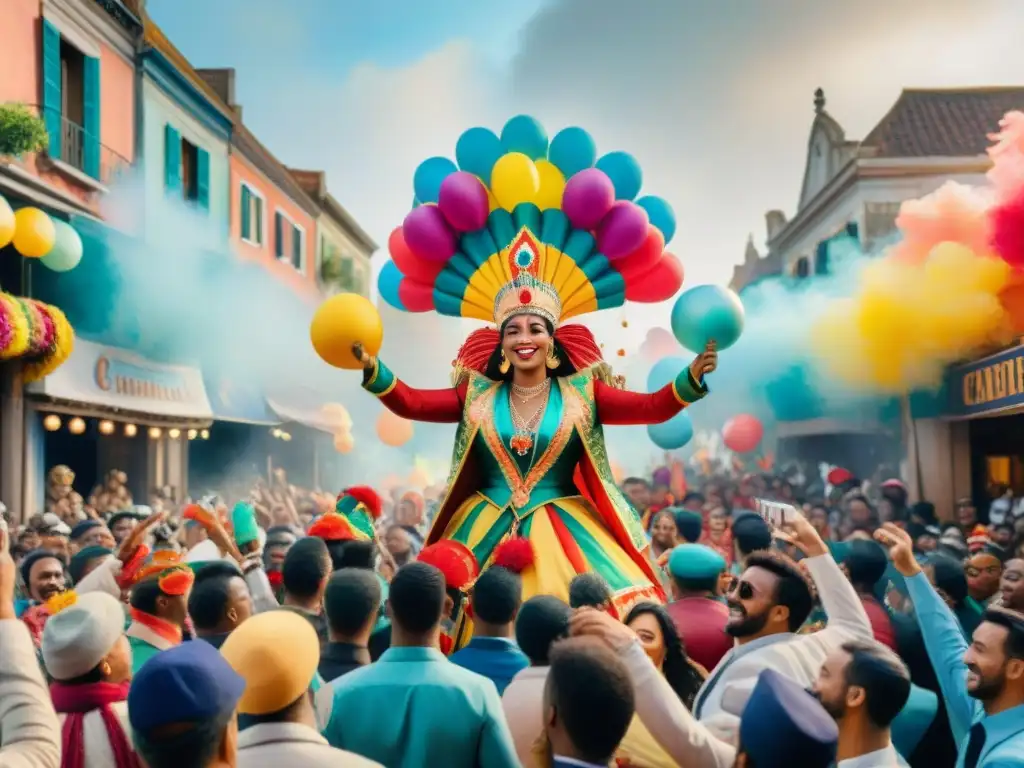 Obra de acuarela del Carnaval con publicidad exterior en desfile vibrante y colorido