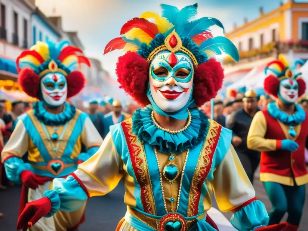 Obra vibrante de Carnaval Uruguayo con desfile colorido y espectadores entusiastas