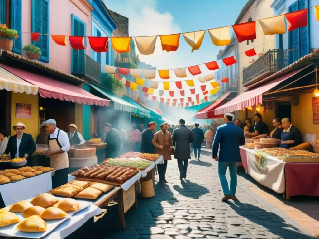 Oferta gastronómica Carnaval Uruguayo: pintura detallada de una bulliciosa calle durante el Carnaval, con puestos de comida y ambiente festivo